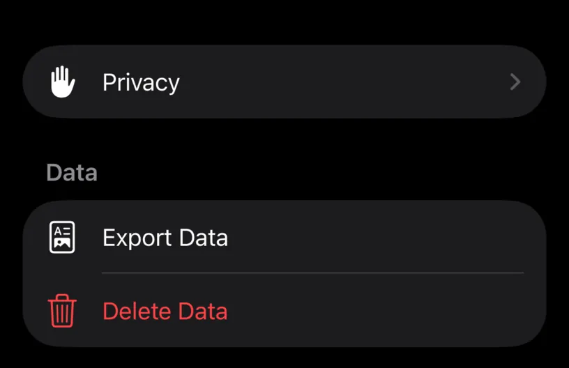 The Data group in Settings, with an Export Data row above a red Delete Data row