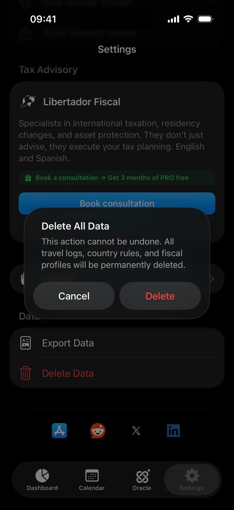 The Delete All Data alert, warning that the action cannot be undone and that all travel logs, country rules and fiscal profiles will be permanently deleted, with Cancel and Delete