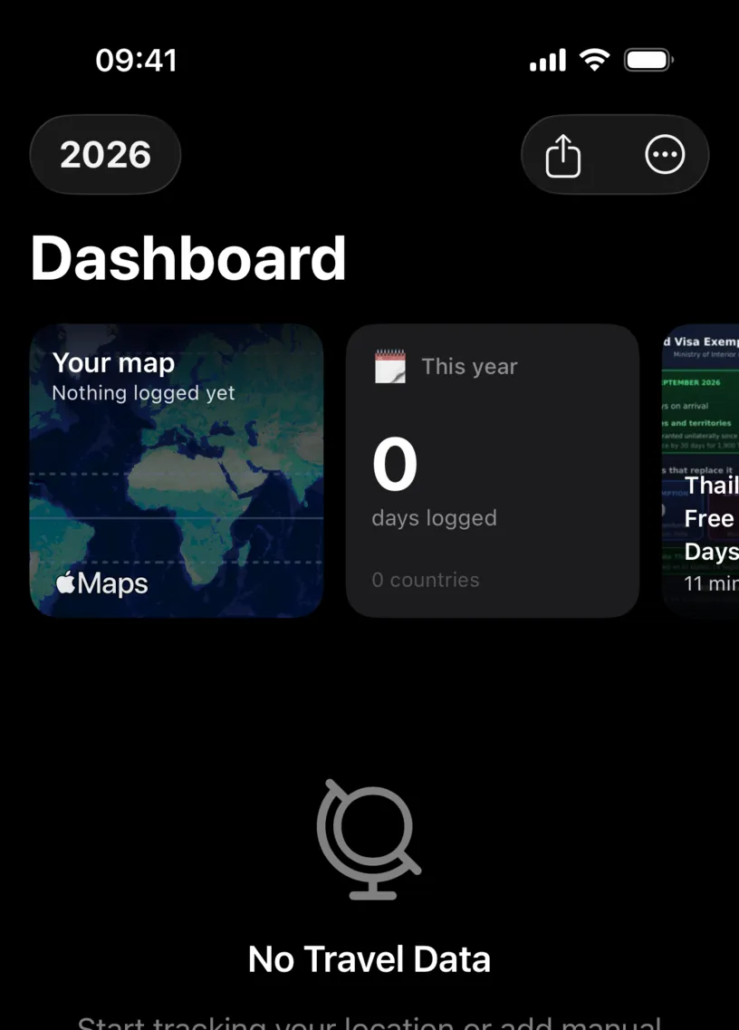 The dashboard after deletion, with a map tile reading Nothing logged yet, a This year tile on 0 days logged and 0 countries, and a No Travel Data message