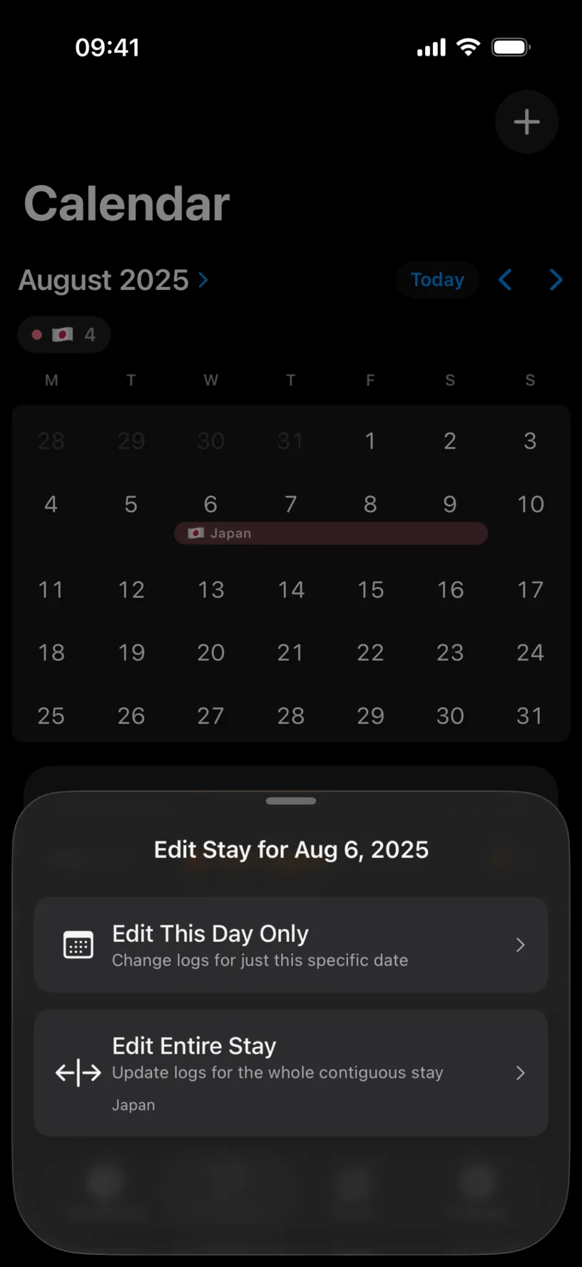 The Edit Stay for Aug 6, 2025 sheet offering Edit This Day Only and Edit Entire Stay, with Japan named under the second option
