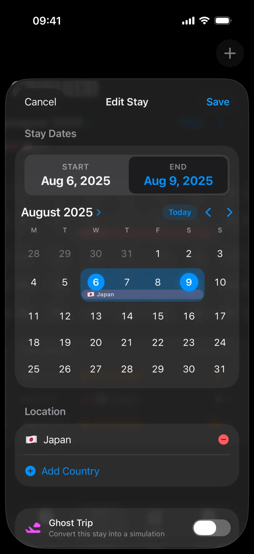 The Edit Stay sheet with Stay Dates showing START Aug 6, 2025 and END Aug 9, 2025, the range highlighted from 6 to 9 in the August grid, and a Location list holding Japan