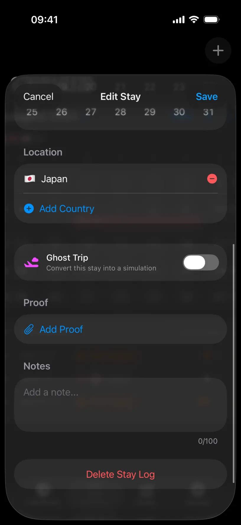 The bottom of the Edit Stay sheet with a Location list holding Japan, a Ghost Trip switch, Proof, Notes and a red Delete Stay Log button