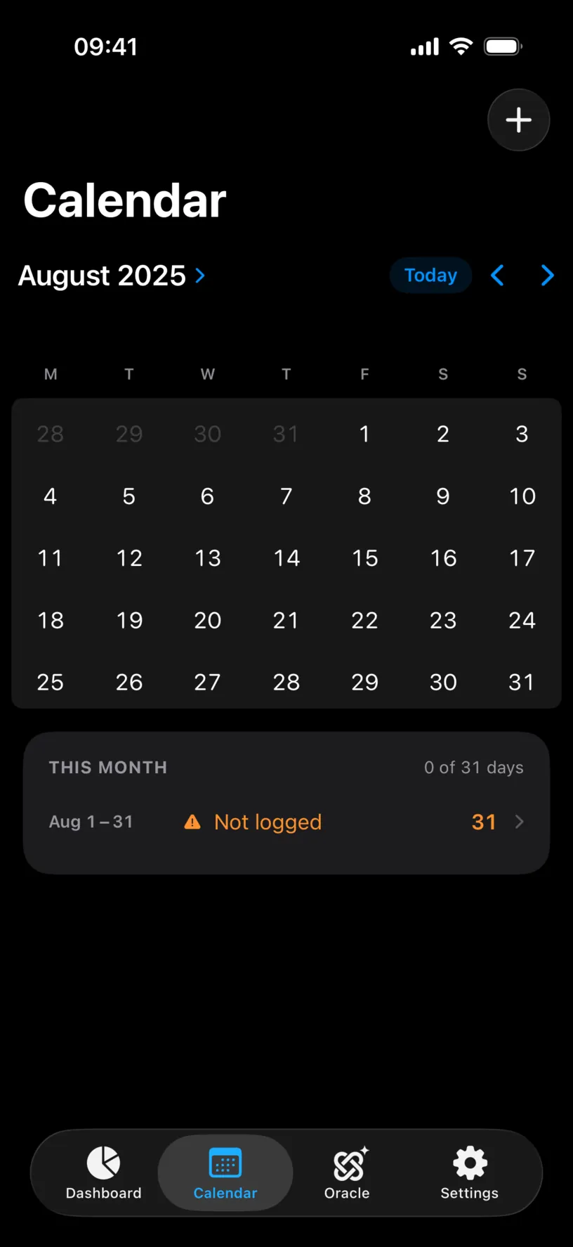 The Calendar tab on August 2025 with an empty grid, no country chip, and a THIS MONTH list reading 0 of 31 days above a single Aug 1 to 31 Not logged row of 31 days