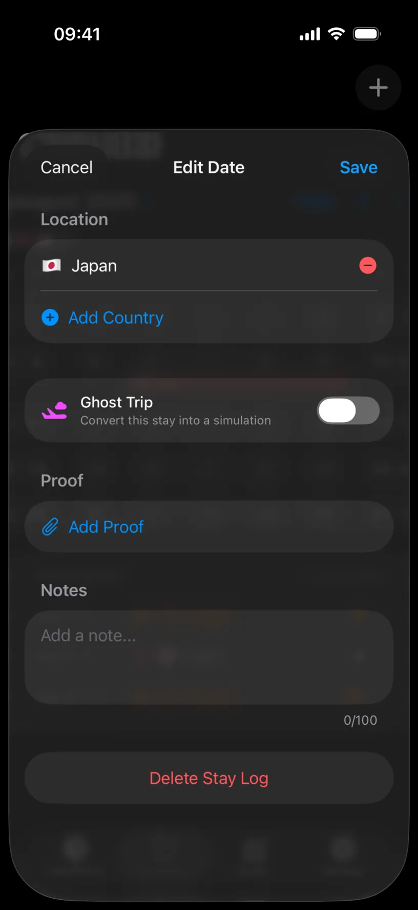 The Edit Date sheet with a Location list holding Japan and a red minus, an Add Country button, a Ghost Trip switch, Proof, Notes and a red Delete Stay Log button