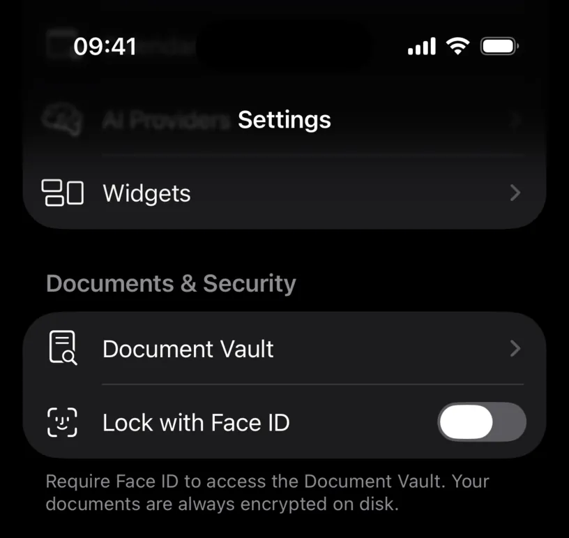 The Documents and Security section in Settings, with a Document Vault row and a footer reading Your documents are always encrypted on disk