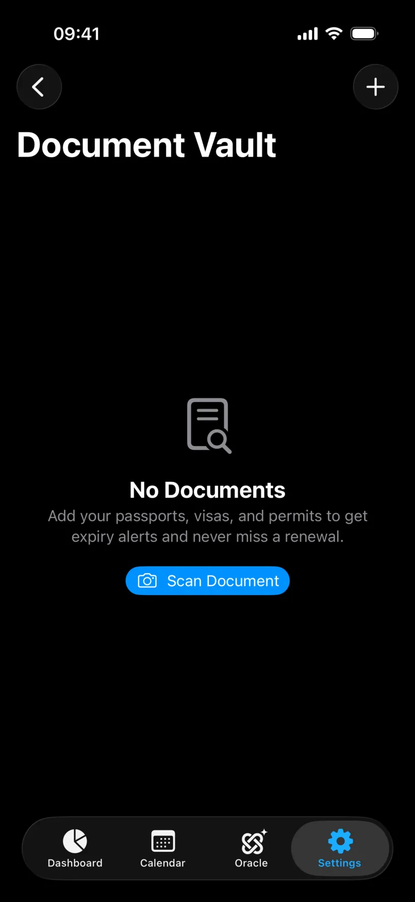 The empty Document Vault, with a No Documents message and a Scan Document button