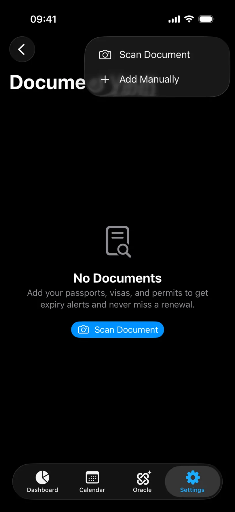 The plus menu in the Document Vault, offering Scan Document and Add Manually