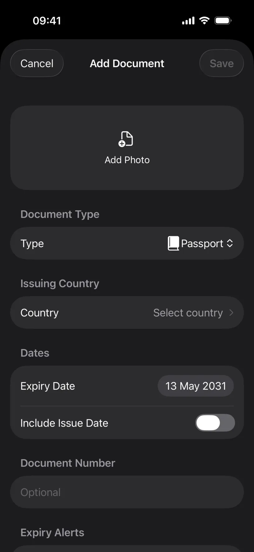 The Add Document form, with Add Photo, a Type row set to Passport, an empty Issuing Country row and an Expiry Date