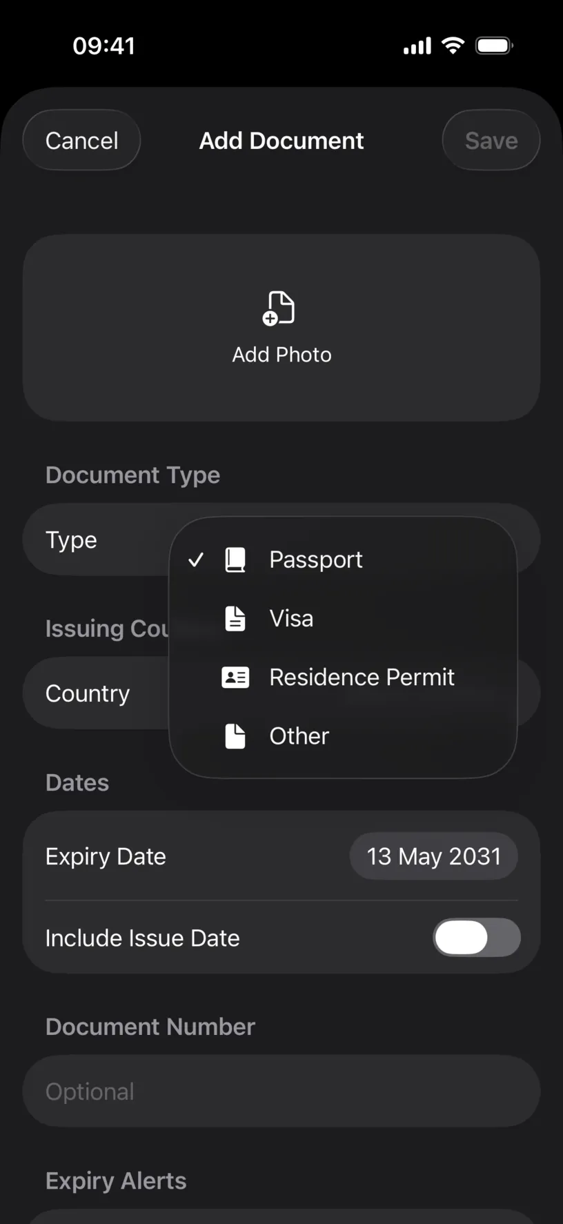 The Type menu open over the form, showing Passport selected alongside Visa, Residence Permit and Other