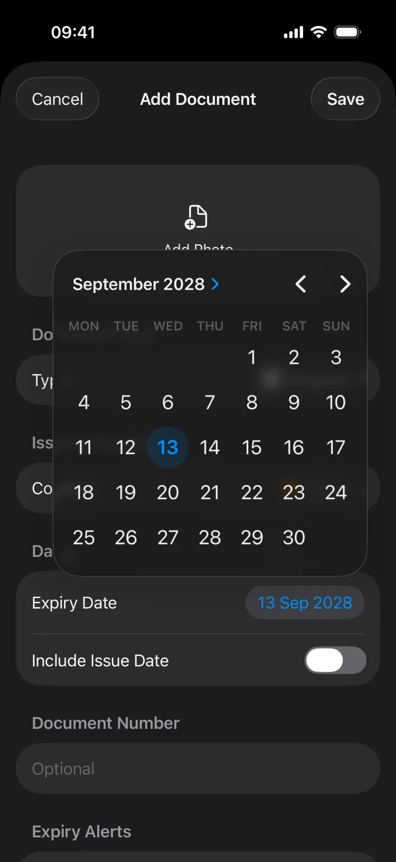 The expiry date calendar open on September 2028, reached from the Expiry Date row