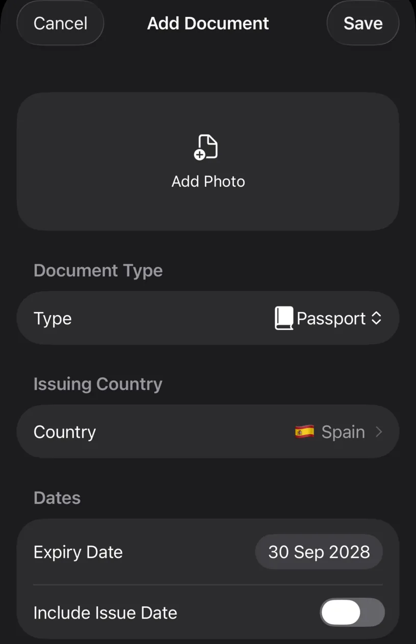 The finished form, with Type on Passport, Country on Spain and Expiry Date on 30 Sep 2028