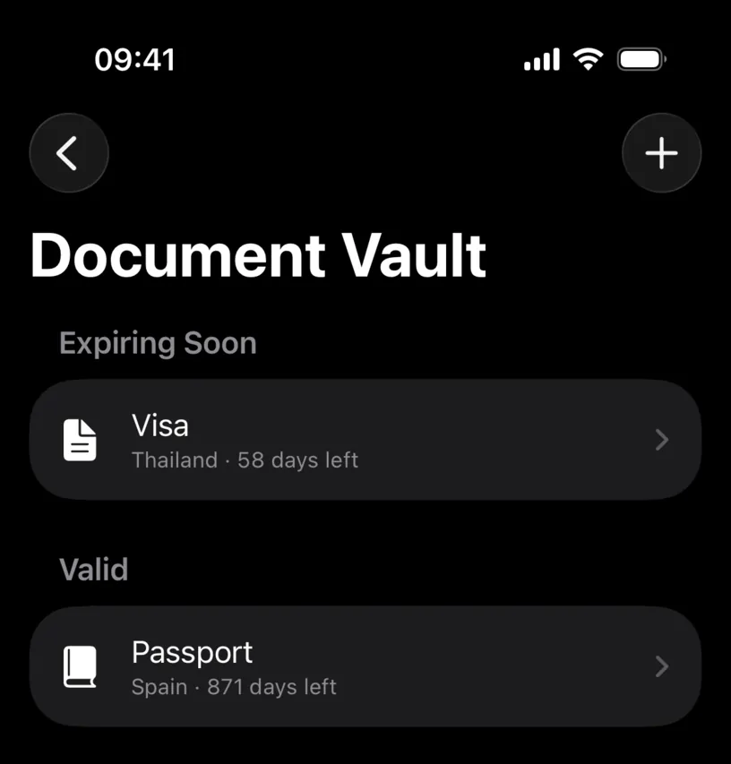 The Document Vault with two documents, a Thailand visa under Expiring Soon and a Spain passport under Valid