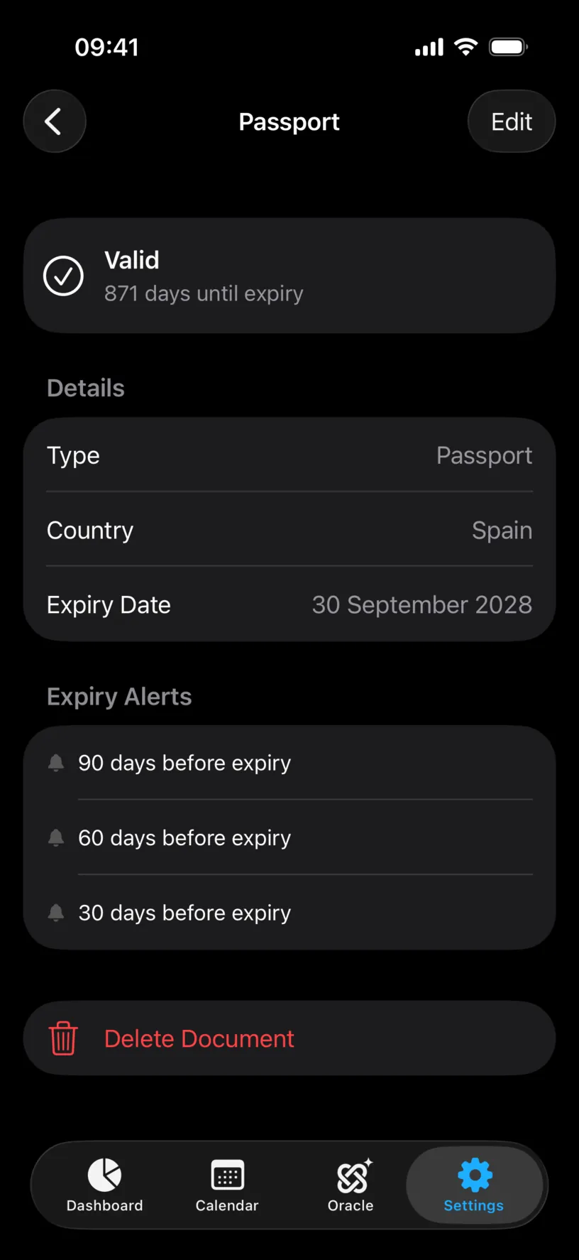 The passport detail screen, with a Valid status, 871 days until expiry, a Details list and three expiry alerts