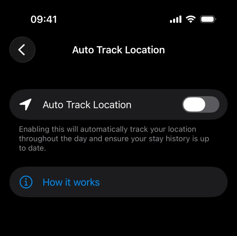 The Auto Track Location screen with the switch off and a How it works button