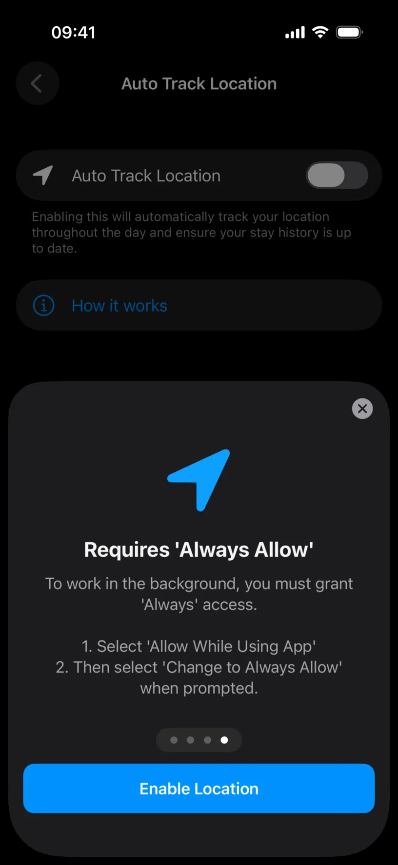 The fourth page of the How it works sheet, titled Requires Always Allow, listing the two permission steps and an Enable Location button