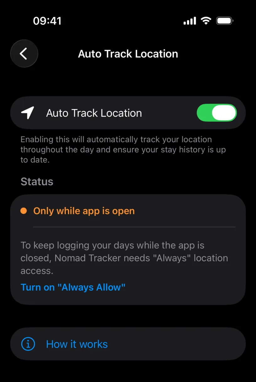 The Status section reading Only while app is open in orange, above a Turn on Always Allow button