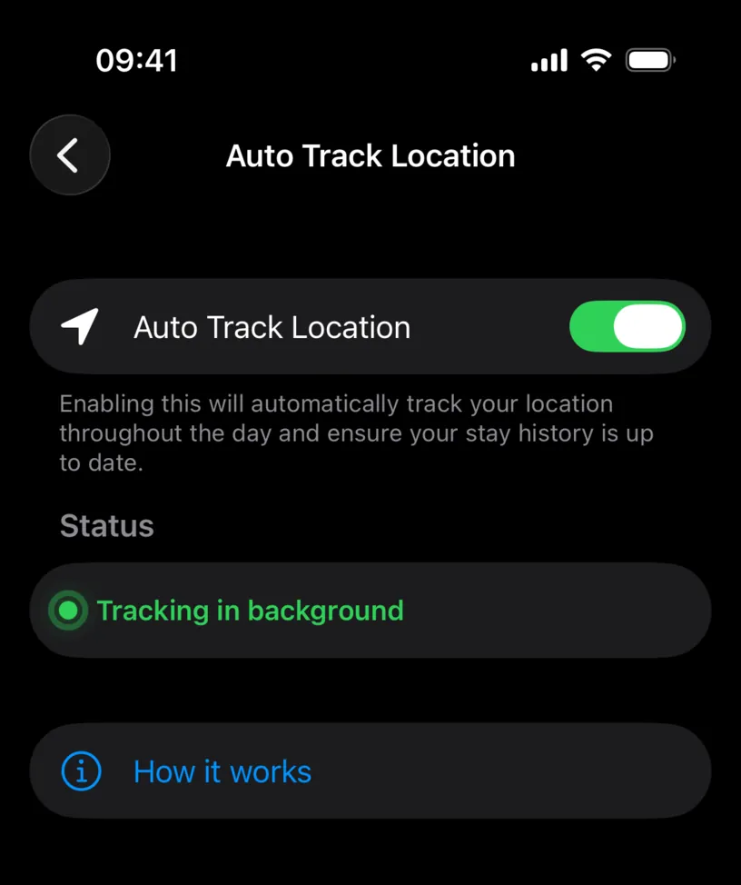 The Status section reading Tracking in background with a green dot