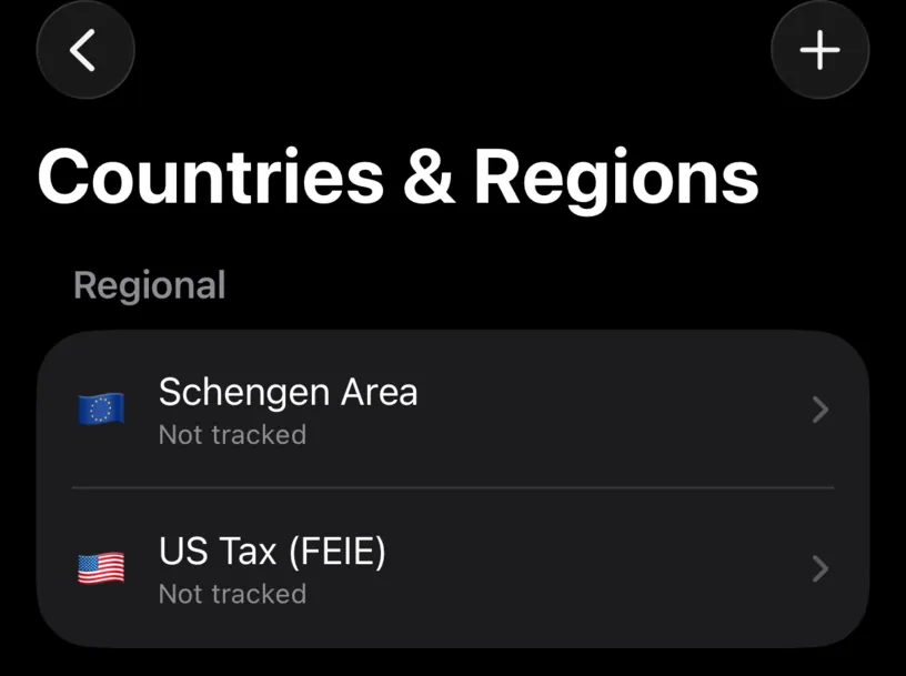 The Regional group of Countries and Regions, with Schengen Area and US Tax (FEIE), both reading Not tracked