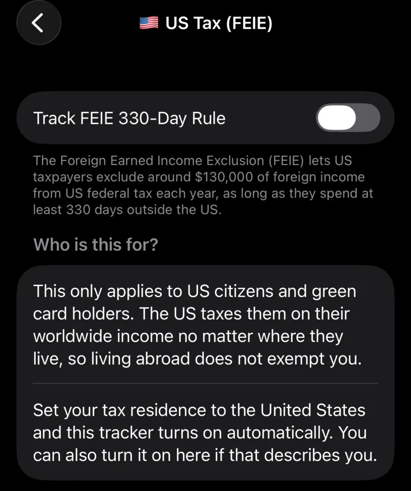 The US Tax (FEIE) screen with the Track FEIE 330-Day Rule switch off, an explanation of the exclusion, and a Who is this for section