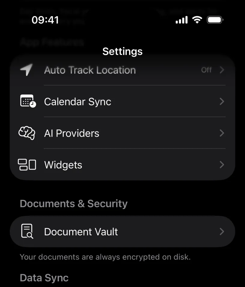The Data Sync section in Settings, with the Sync with iCloud switch off and a footer explaining the private iCloud container
