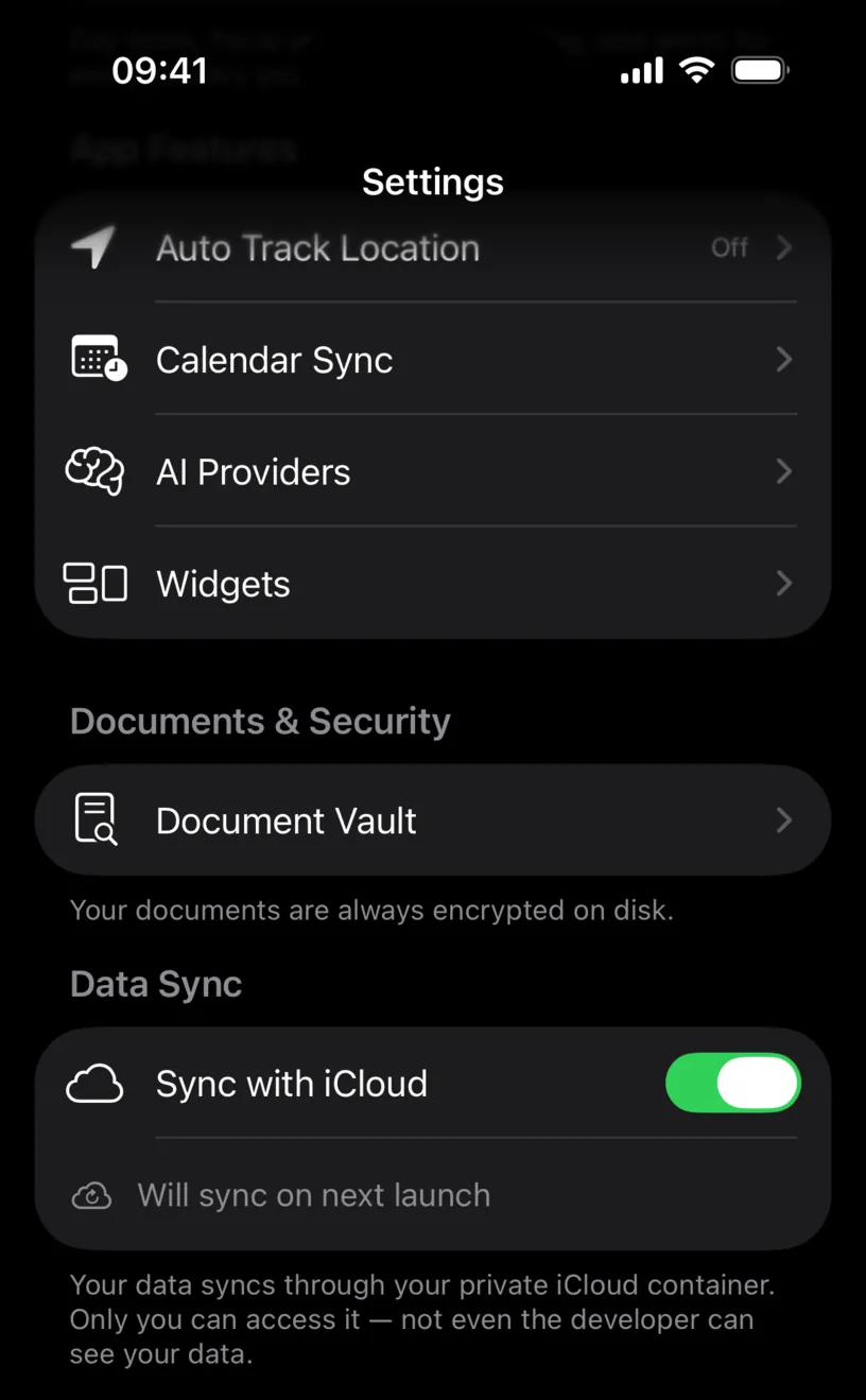 The Sync with iCloud switch on, with a status row reading Will sync on next launch