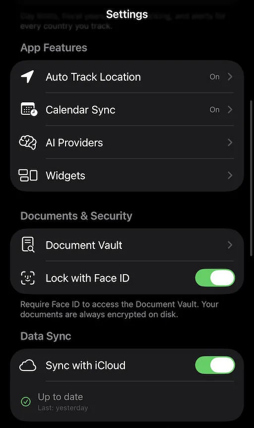 The Data Sync section with Sync with iCloud on and a green Up to date status reading Last: yesterday