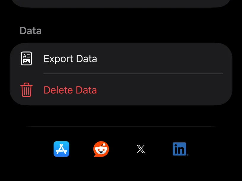 The Data group in Settings, with an Export Data row above a red Delete Data row