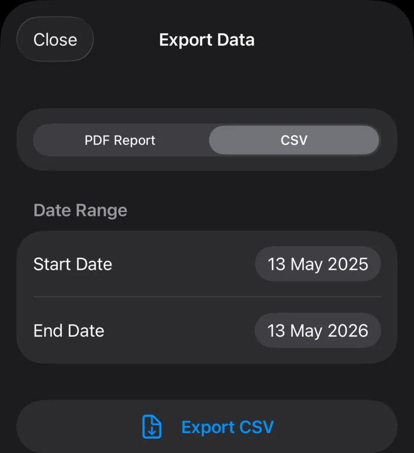 The Export Data sheet with CSV selected next to PDF Report, a Date Range group and an Export CSV button