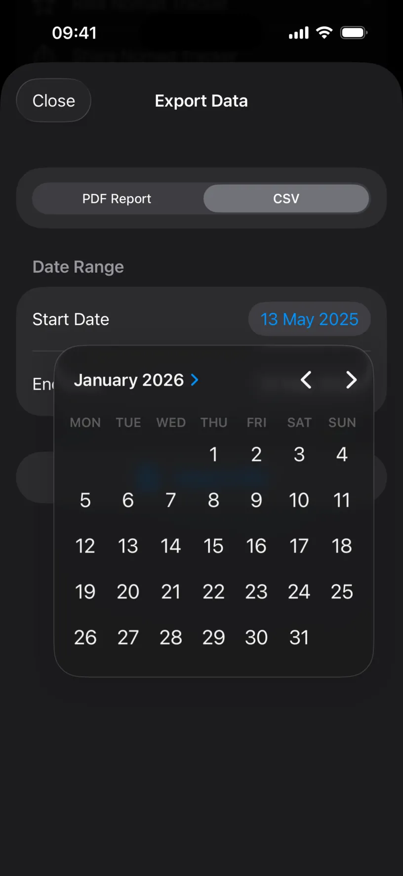 The date popover open on January 2026, with weekday headings and the days of the month