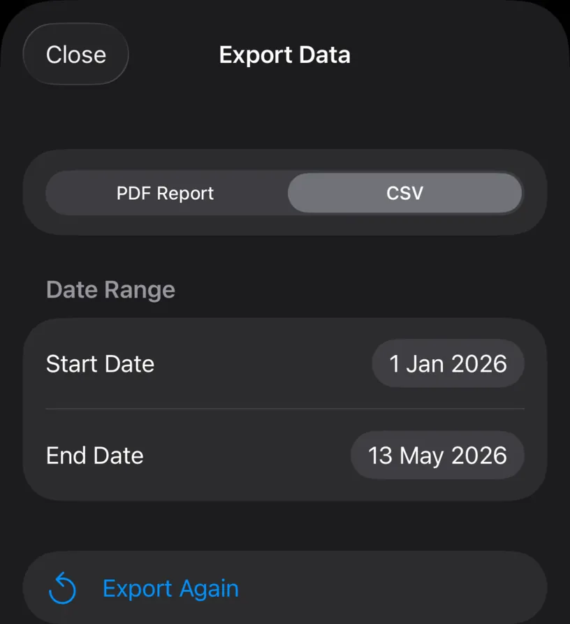 The Export Data sheet after exporting, with the same range and an Export Again button