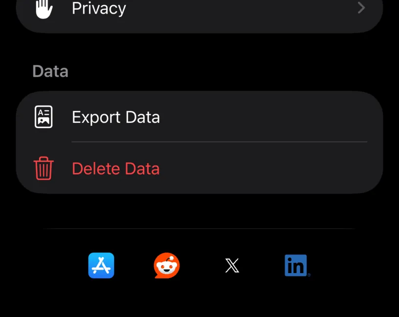 The Data group in Settings, with an Export Data row above a red Delete Data row