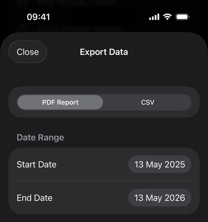 The Export Data sheet, with PDF Report selected next to CSV, a Date Range group, and the Options group below it