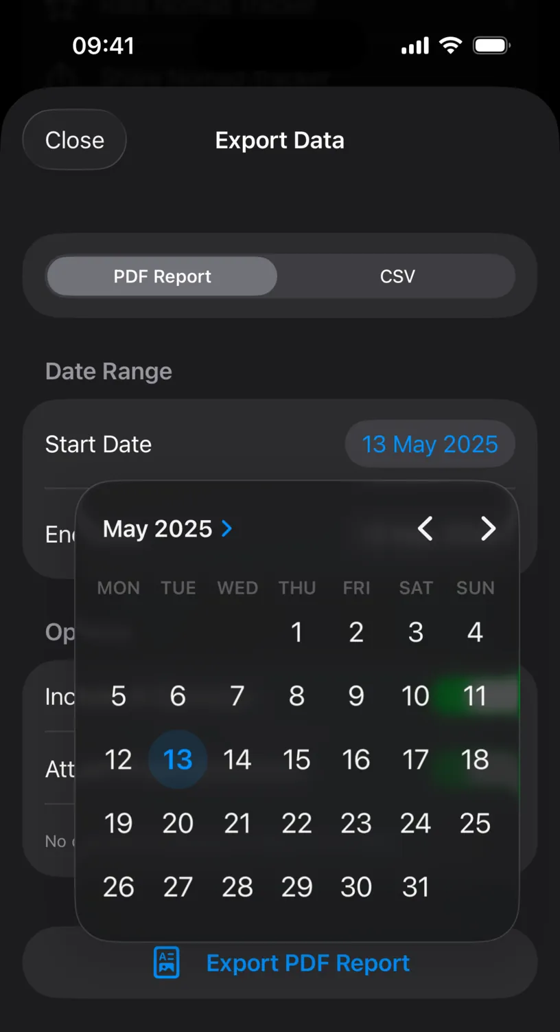 The date picker open on May 2025, with the month label, arrows to move between months, and day 13 selected