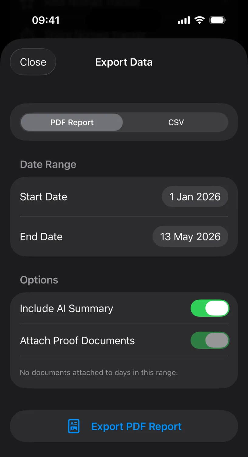 The chosen range of 1 Jan 2026 to 13 May 2026, the Include AI Summary and Attach Proof Documents switches, and the Export PDF Report button