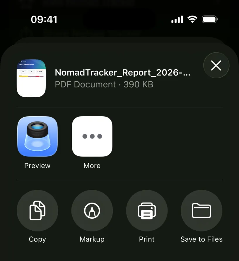 The iOS share sheet holding a file named NomadTracker_Report_2026, described as a 390 KB PDF Document, with Preview, More, Copy, Markup, Print and Save to Files