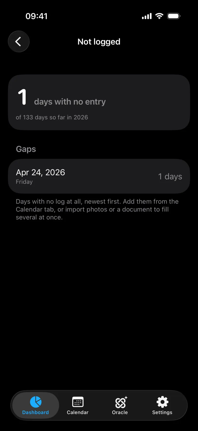 The Not logged screen with 1 days with no entry and a Gaps list holding Apr 24, 2026, Friday, 1 days