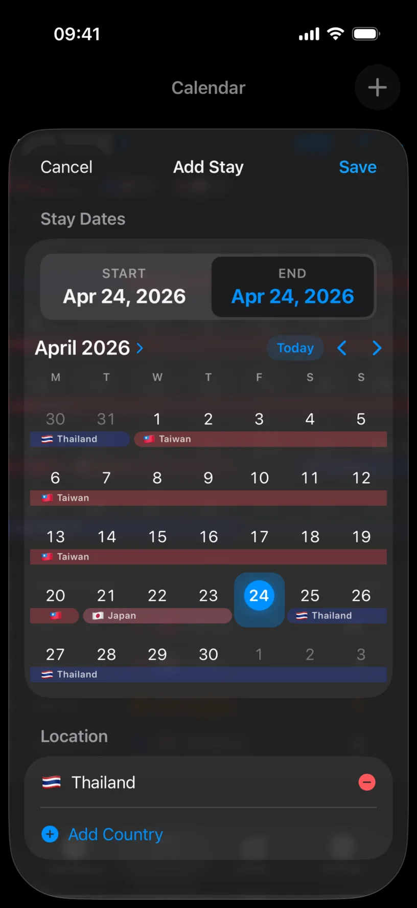 The Add Stay sheet opened on Apr 24, 2026, with START and END both on that date