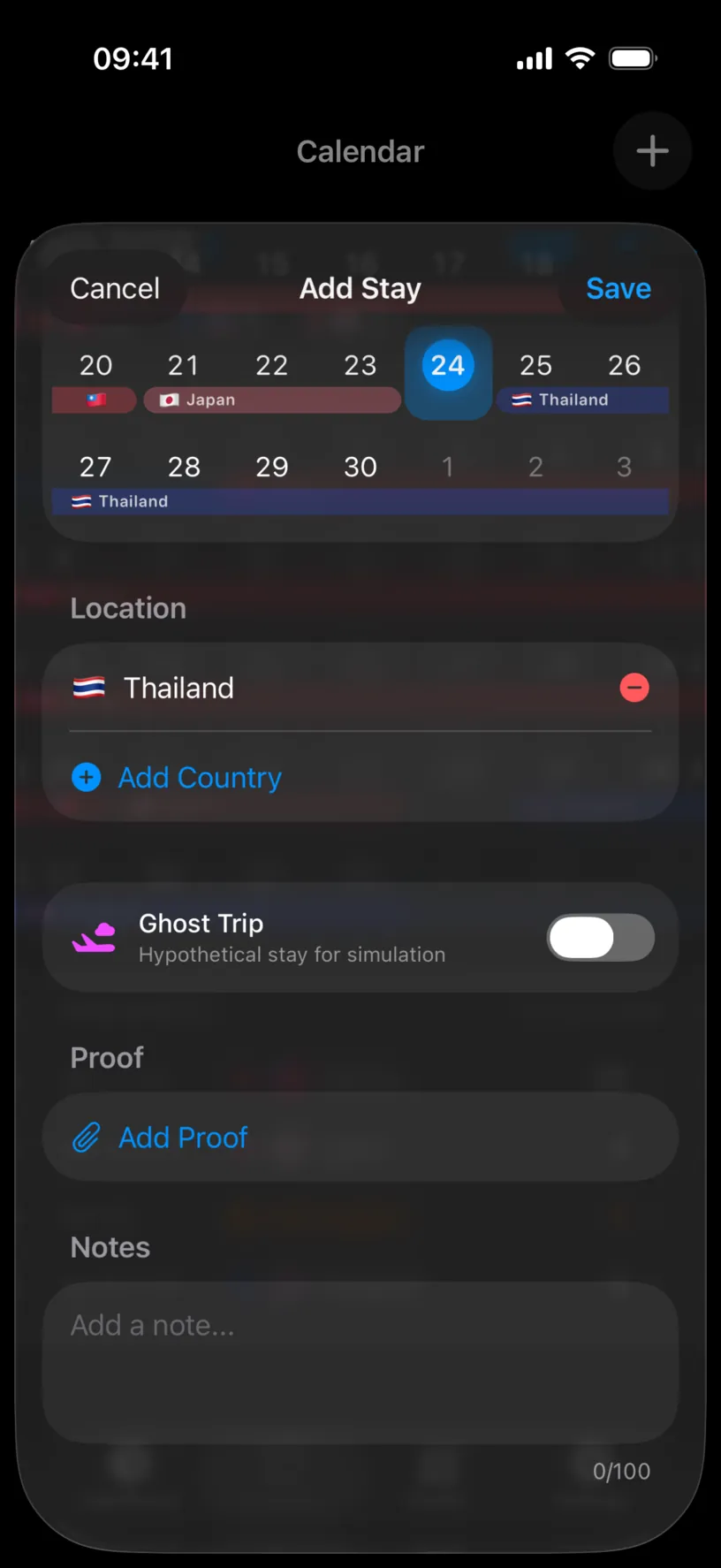 The Location section of the Add Stay sheet, pre-filled with Thailand, a red minus next to it and an Add Country button