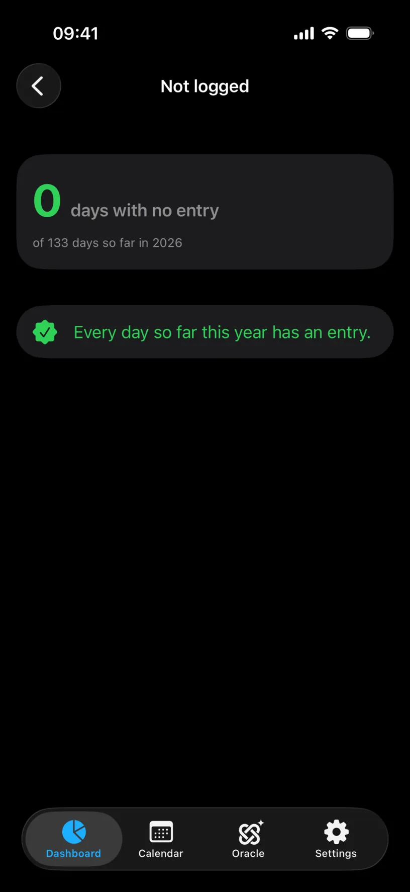 The Not logged screen reading 0 days with no entry and Every day so far this year has an entry