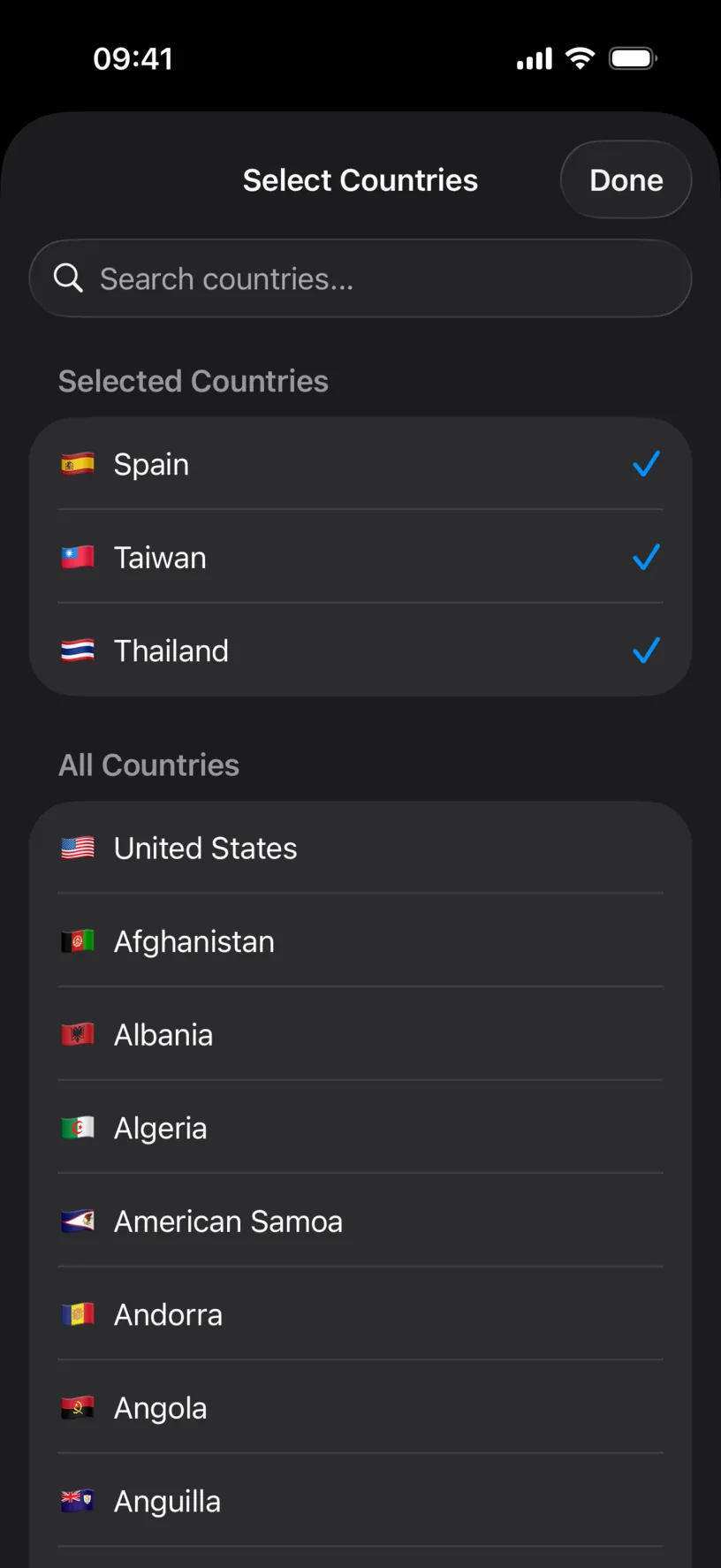 The Select Countries sheet with a search field, a Selected Countries group and an All Countries list
