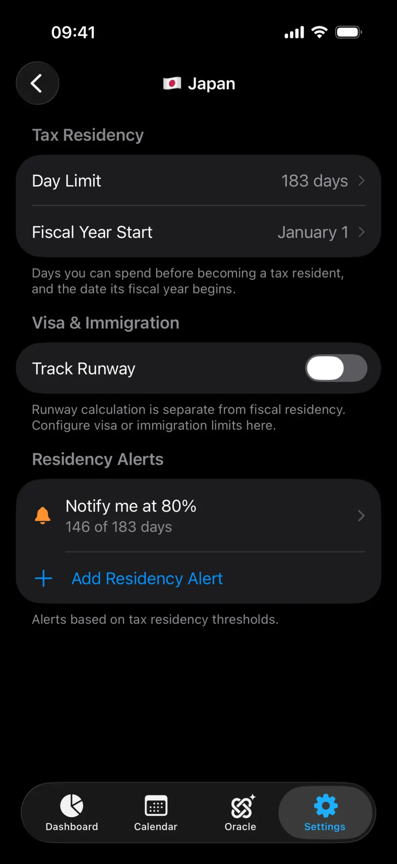 The Japan settings screen with a Day Limit of 183 days, a January 1 fiscal year start, Track Runway off and one alert