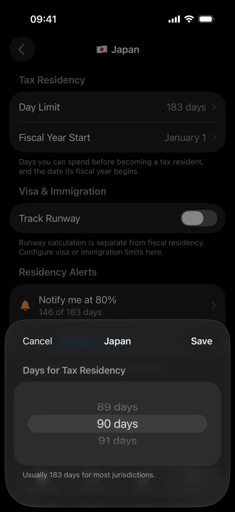 The day limit sheet for Japan, with the wheel on 90 days and Cancel and Save buttons