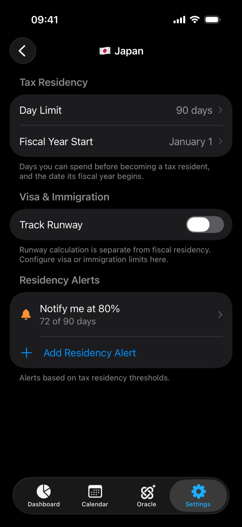 The Japan settings screen after saving, with a Day Limit of 90 days and the alert reading 72 of 90 days