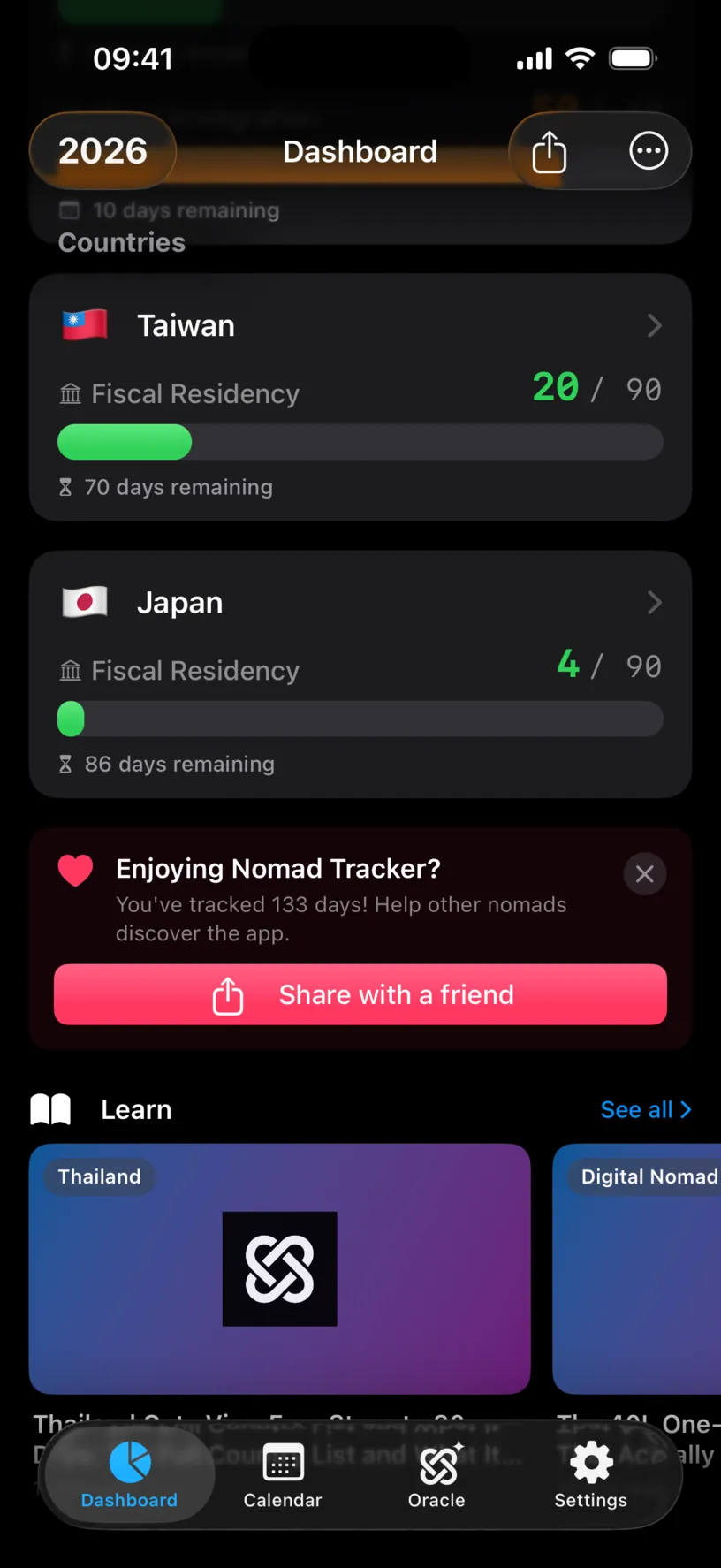 The dashboard Countries section with a Japan card reading Fiscal Residency 4 of 90 and 86 days remaining