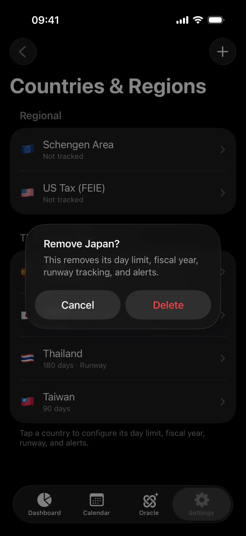 The Remove Japan confirmation, warning that this removes its day limit, fiscal year, runway tracking and alerts