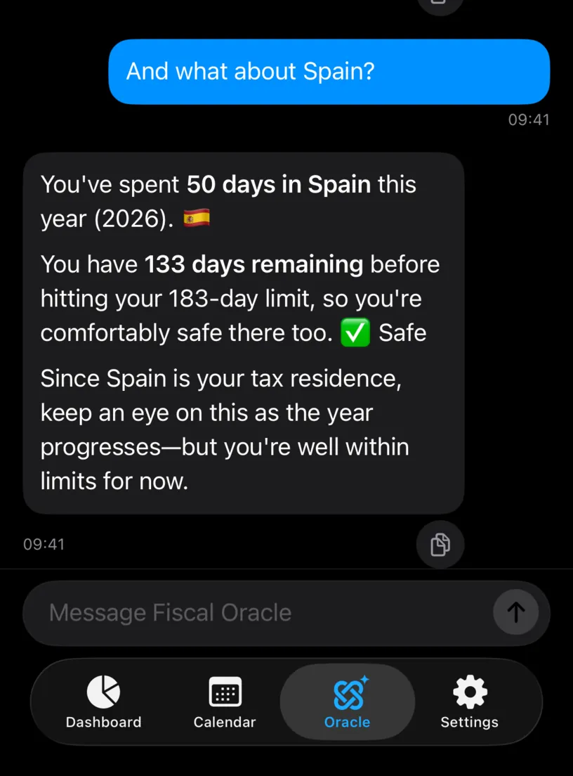 A follow-up asking And what about Spain, answered with 50 days of 183 and a note that Spain is the tax residence