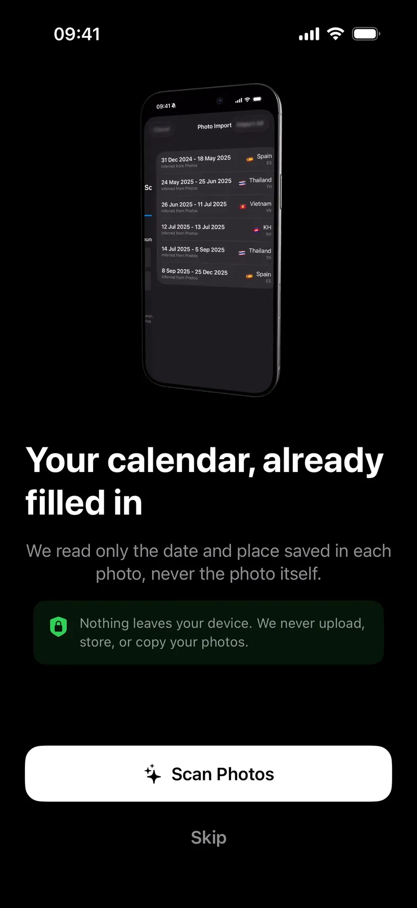 The photo scan step of setup, offering Scan Photos or Skip, with a note that the app reads only the date and place saved in each photo