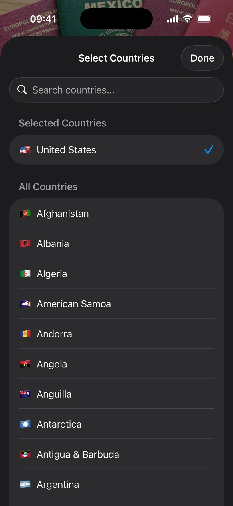The Select Countries sheet with United States chosen and listed under a Selected Countries heading