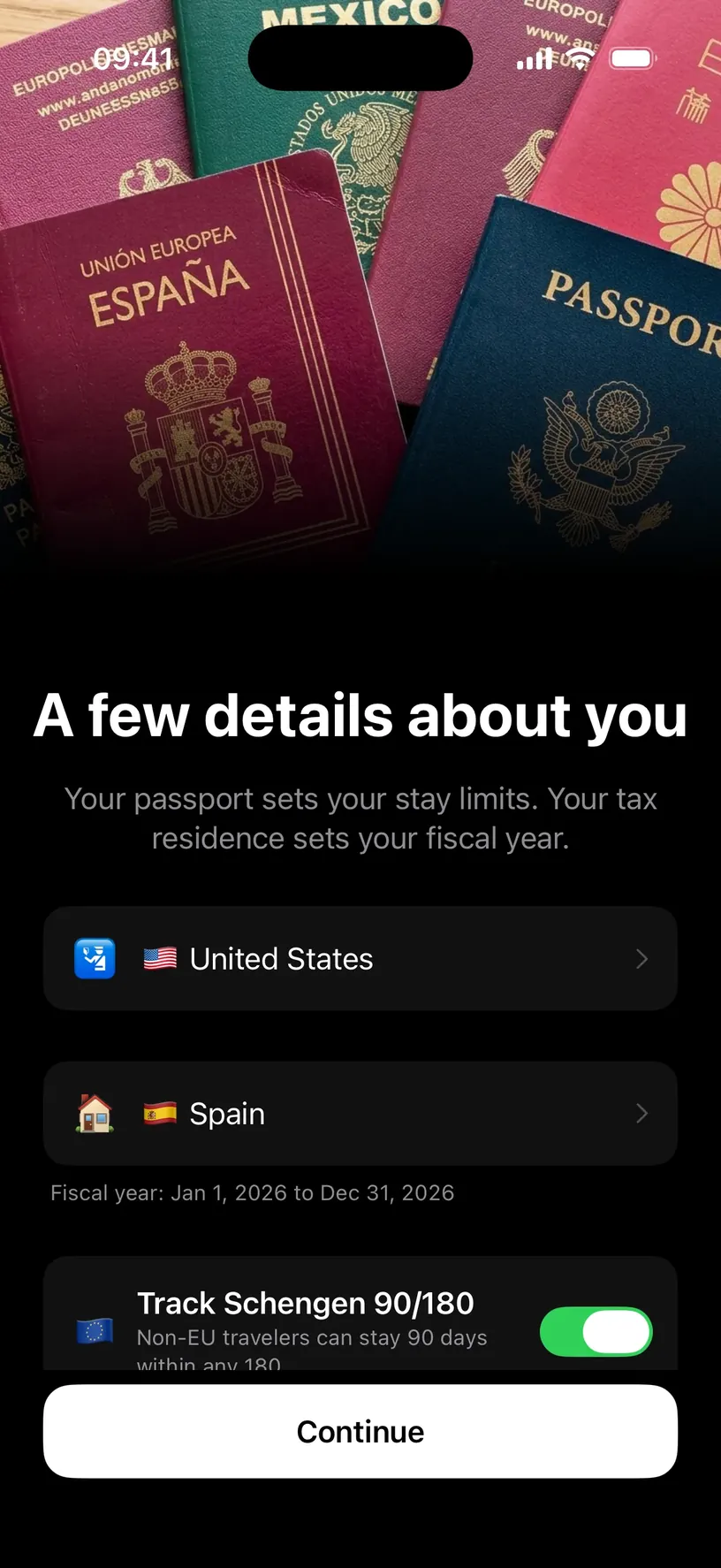 The details screen showing a US passport, Spain as residence, the 2026 fiscal year, and the Track Schengen 90/180 switch turned on