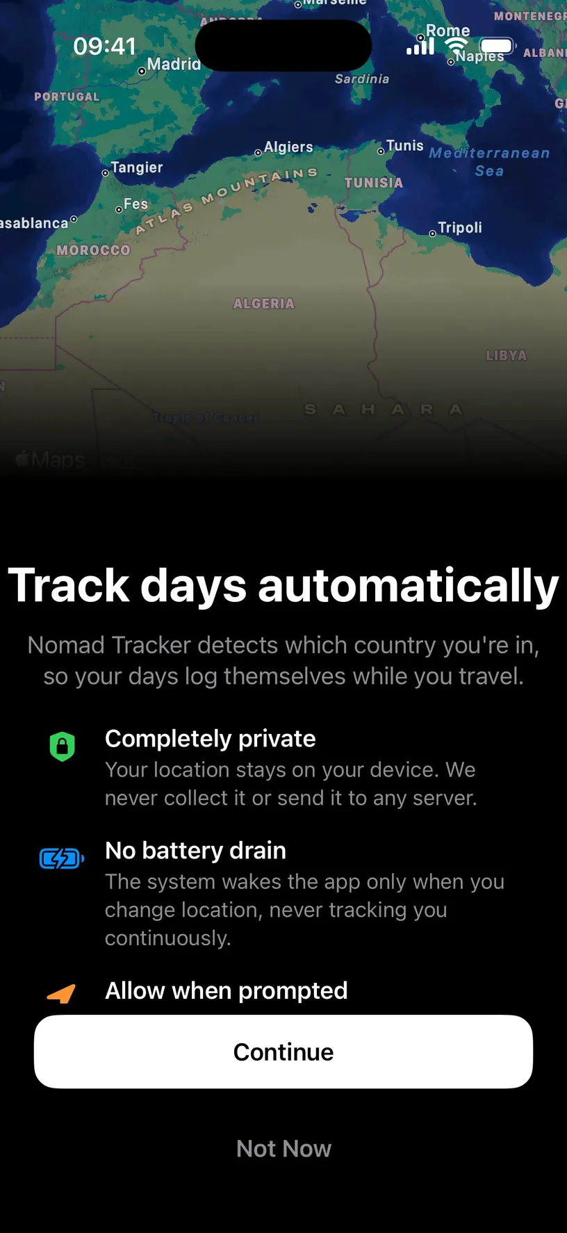 The automatic tracking step, listing Completely private and No battery drain above the Continue button